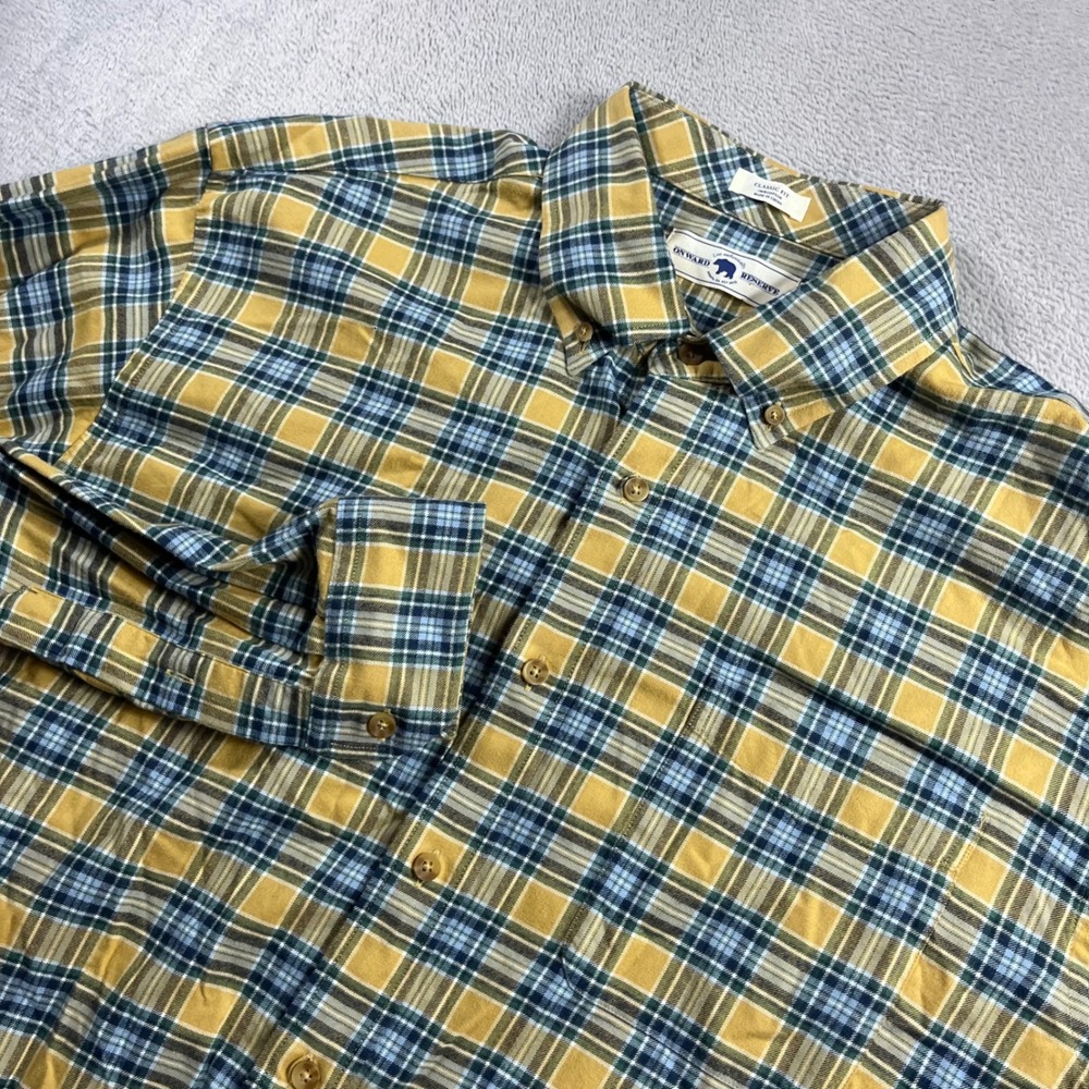 Onward Reserve Mens Large Classic Fit Plaid Button Down Shirt Yellow Blue Cotton